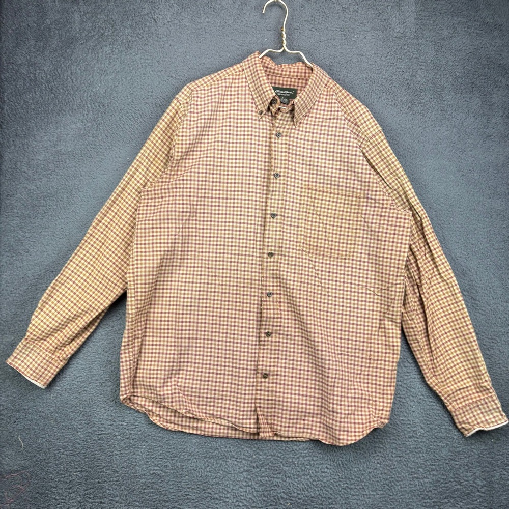 Eddie Bauer Mens Large Tall Relaxed Fit Plaid Button Down Shirt Brown Red Cotton